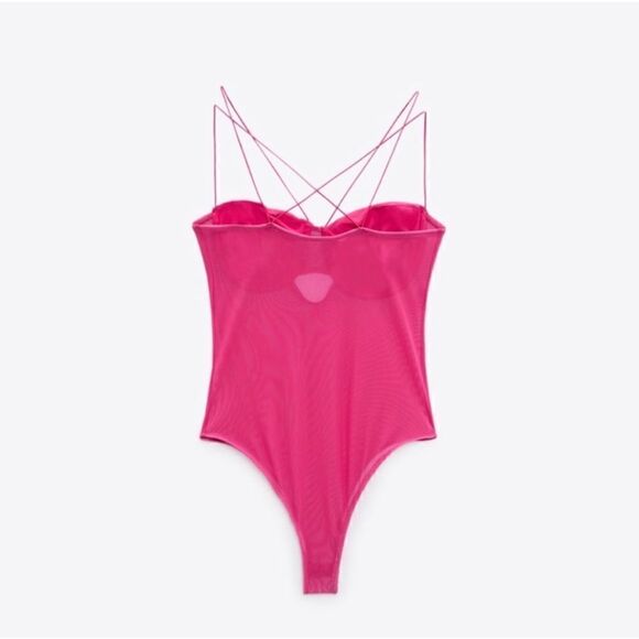 NWT Zara Fuchsia Tulle Semi-Sheer Bodysuit, Size Large - Picture 8 of 15
